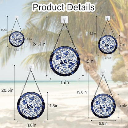 Stained Glass Window Hanging, Blue and White Abstract Flowers Sun Catcher for Door Home Decor Suncatcher Christmas Mother's Day Birthday Gifts for Women Men Mom and Nana 11.8 in