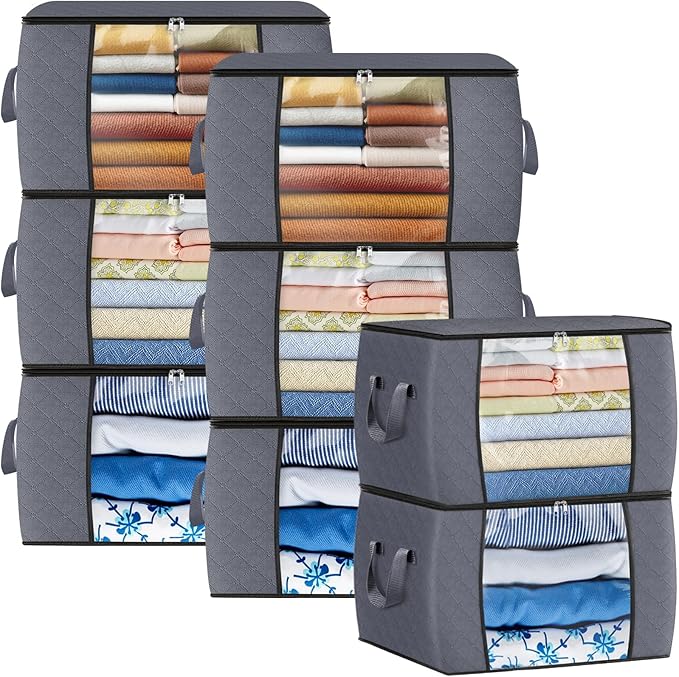 Fab totes 24 Gallons Clothes Storage, Foldable Thick Fabric Blanket Storage Bags, Containers for Organizing Bedroom, Closet, Clothing, Comforter, Organization with Handle (8 Pack,Grey)
