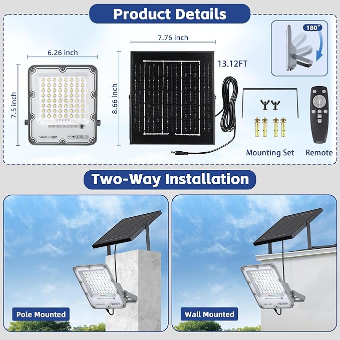 100W Solar Flood Light Outdoor Waterproof, 24000LM 6500K LED Solar Street Light