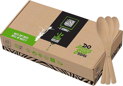 2ZEBRAZ 100% Bamboo Utensils Set of 300 Spoons Biodegradable Silverware for Parties, Events, BBQ, & Camping – Reusable or Disposable, Smooth, Durable, Odorless, heavy-duty Cutlery