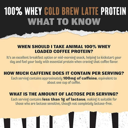Animal 100% Whey Protein Powder Instant Iced Coffee – Real Coffee for Preworkout, Post Workout Whey Blend + 20g of Protein Shake, 120mg of Caffeine Meal Replacement with BCAA – Cold Brew Latte, 1 lb