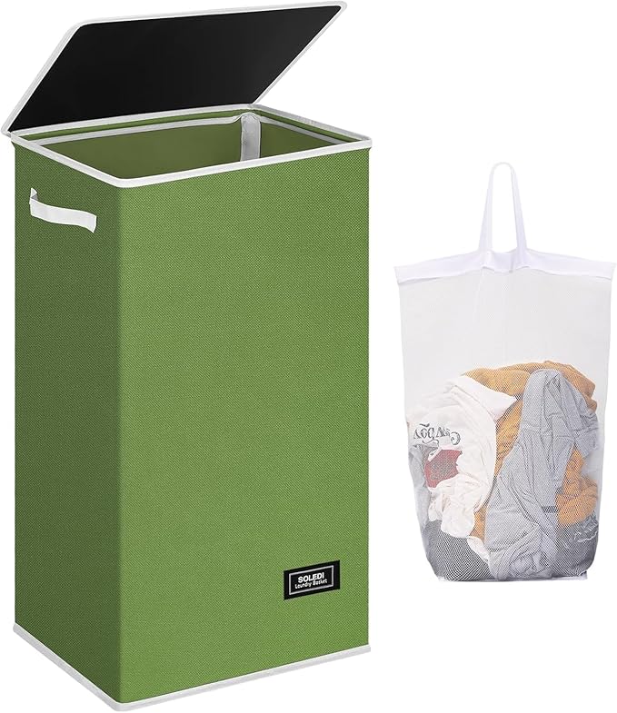 SOLEDI Laundry Hamper with Lid 100L Large & Tall Collapsible Laundry Basket, Clothes Hamper with Bag Removable Easy to Carry, Dirty Hampers for Bedroom, Bathroom, Dorm, College, Dark Green
