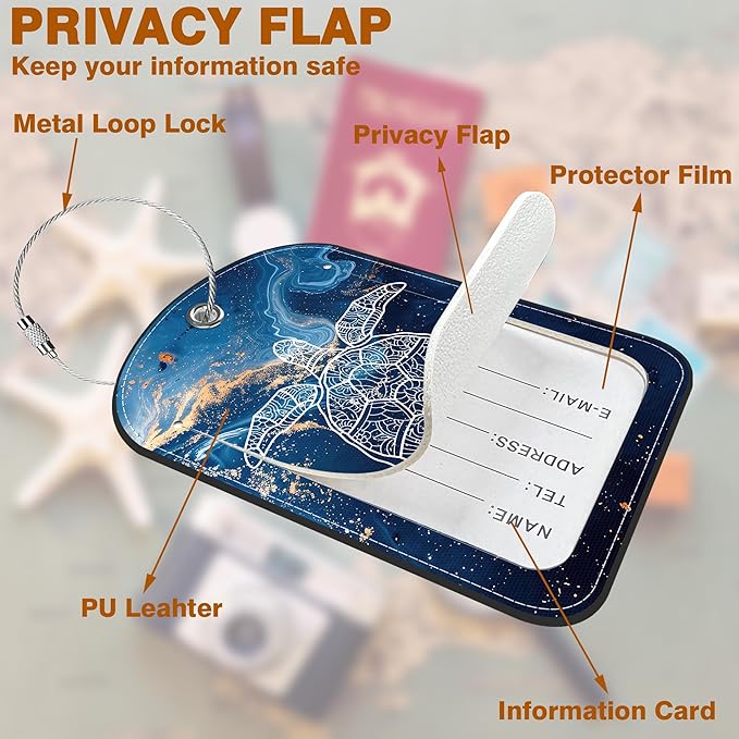 2 Pack Luggage Tag for Suitcase Liquid Marble and Turtle Leather Suitcase Tags with Privacy Name ID Label and Stainless Steel Loop for Travel Bag