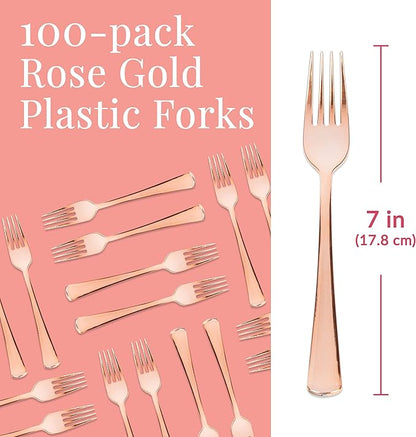 Prestee Set of 100 Rose Gold Plastic Forks Disposable - 7-in Heavy-Duty Fork Flatware - Bulk Pack Fancy Silverware - Sturdy Pink Cutlery for Weddings, Birthday Parties, Buffets, Catering and Events