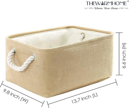 TheWarmHome Decorative Basket Rectangular Fabric Storage Bin Organizer Basket with Handles for Clothes Storage (Beige, Medium-1Pack,13.8L*9.8W*6.7H)