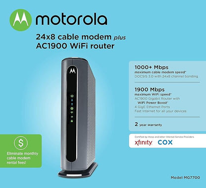 Motorola MG7700 Modem WiFi Router Combo with Power Boost | Approved by Comcast Xfinity, Cox and Spectrum | for Cable Plans Up to 800 Mbps | DOCSIS 3.0 + Gigabit Router