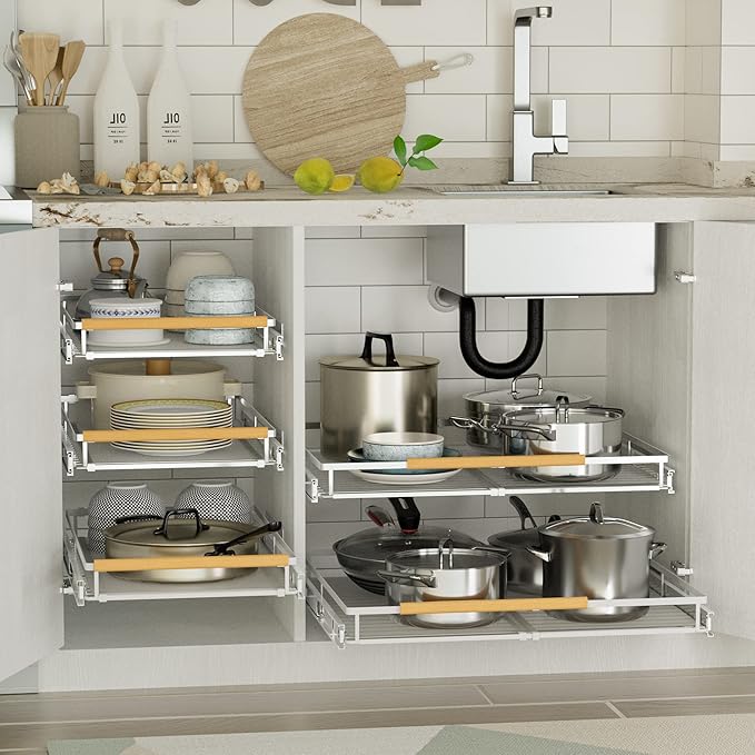 Pull Out Cabinet Organizer Expandable Slide Out Kitchen Cabinet Drawer Heavy Duty Stainless Steel Storage Shelf Rack for Base Cabinet Pantry Closet Under Sink Divider Organization