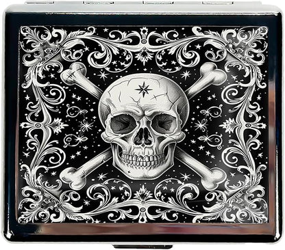 Cute and Stylish Metal Pill Box - Compact Portable Pill Organizer with 8 Compartments, Food-Grade Divider, Ideal for Travel, Vitamins, Jewelry, Cosmetics (Crossbones Starlight)