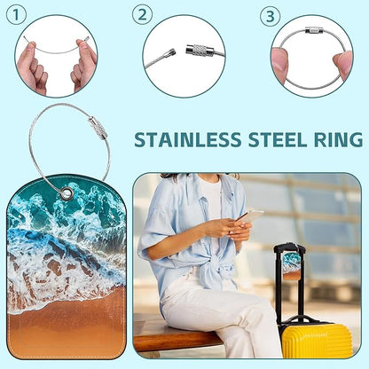 Sandy Beach Wave Luggage Tag for Suitcase Set of 2 PU Leather Cute Luggage Tags with Stainless Metal Loop ID Label Privacy Flap Suitcase Tags for Women and Men Travel