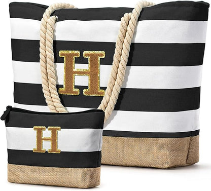 Becokan Beach Bag Initial Beach Tote with Makeup Bag for Travel Work Storage Personalized Birthday Gifts for Women Her