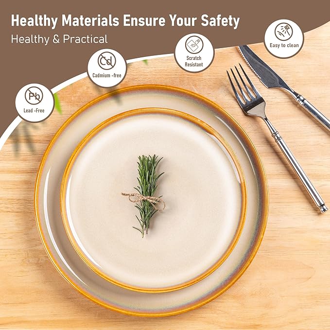 LERATIO Ceramic Dinnerware Sets for 4,12 Pieces Poreclain Plates and Bowls Sets,Scratch Resistant Dishes,Dishwasher & Microwave Safe,Oven Safe Dishes Set,Service for 4-Kahki