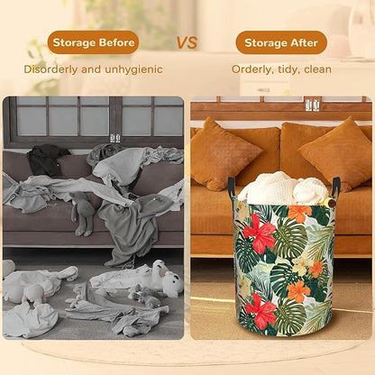 Tropical Palm Leaves Large Storage Basket,Hibiscus Flowers Laundry Hamper/Bathroom/Home Decor/Collapsible Round Storage Bin,Boys Girls Dirty Clothes Hamper/Boxes/Toys Storage 16x20 Inch