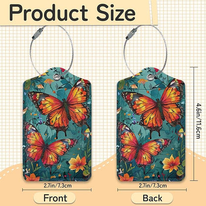 3 Pack Vintage Butterfly Wildflower Luggage Tags for Suitcases,Cute Leather Name Tag with Privacy Cover with Stainless Steel Loops, Travel ID Bag Tags for Women Men