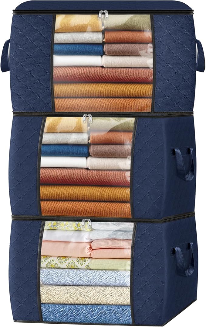 Fab totes 24 Gallons Clothes Storage, Foldable Thick Fabric Blanket Storage Bags, Containers for Organizing Bedroom, Closet, Clothing, Comforter, Organization with Handle (3 Pack,Blue)