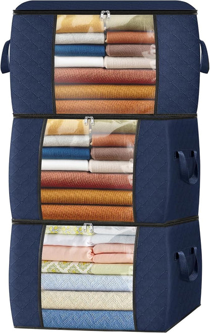 Fab totes 24 Gallons Clothes Storage, Foldable Thick Fabric Blanket Storage Bags, Containers for Organizing Bedroom, Closet, Clothing, Comforter, Organization with Handle (3 Pack,Blue)