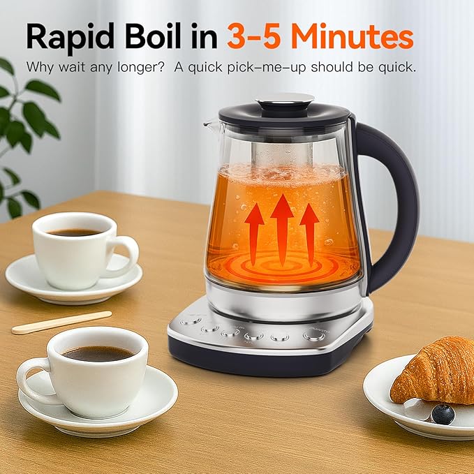 Electric Kettle With Infuser, 1.5L Electric Tea Kettle With Temperature Control, Glass Kettle & Hot Water Boiler,1200W Fast heating for Pour Over Coffee, Brew Tea, Easy to Clean G888B