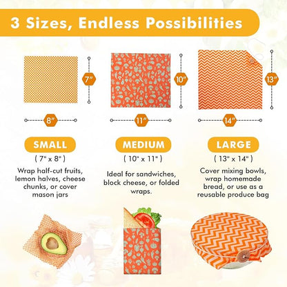Beeswax Wraps for Food, 3 Pack (S, M, L) Reusable Food Wraps, Bread Sandwich Wrap, Beeswax Paper with Bukcle, Zero Waste, Plastic-Free Food Storage Wrap