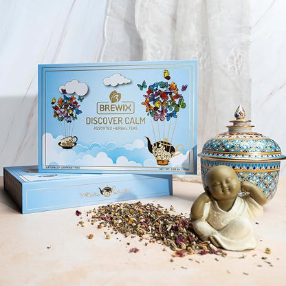 BREWIX, Discover Calm Premium Herbal Tea Christmas Gift Box (3.53oz/50+ Cups) | Tea Gift Sets For Tea Lover | 6 Unique Herbal Teas | Best for Birthdays, Anniversaries & Holidays