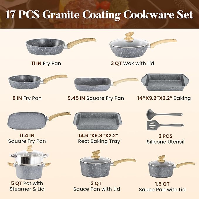 Kitchen Academy Granite Nonstick Cookware Set - 17 Piece Gray Cooking Pans Set, Induction Pots and Pans Set Non Stick, PFOA & PFOS Free.