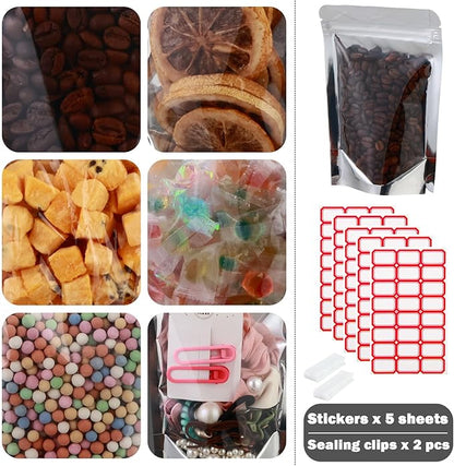 150-pack 7” x 10” Stand Up Mylar Bags with Clear Window 1 Quart Resealable Silver Aluminum Foil Pouches for Food Storage Smell Proof Edible Packaging Bag for Small Business Bulk