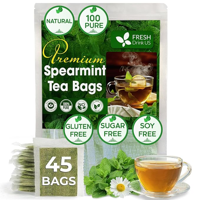 FreshDrinkUS, Premium 45 Spearmint Tea Bags, 100% Natural Spearmint Leaves. Loose Leaf Spearmint Herbal Tea. Spearmint Leaf Tea. No Sugar, No Caffeine, No Gluten, Vegan.