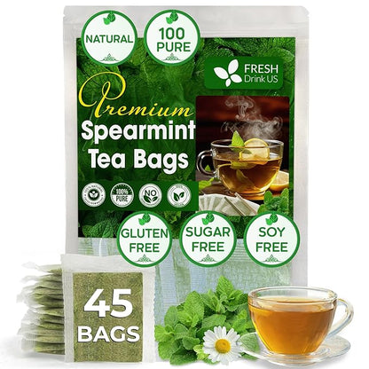 FreshDrinkUS, Premium 45 Spearmint Tea Bags, 100% Natural Spearmint Leaves. Loose Leaf Spearmint Herbal Tea. Spearmint Leaf Tea. No Sugar, No Caffeine, No Gluten, Vegan.