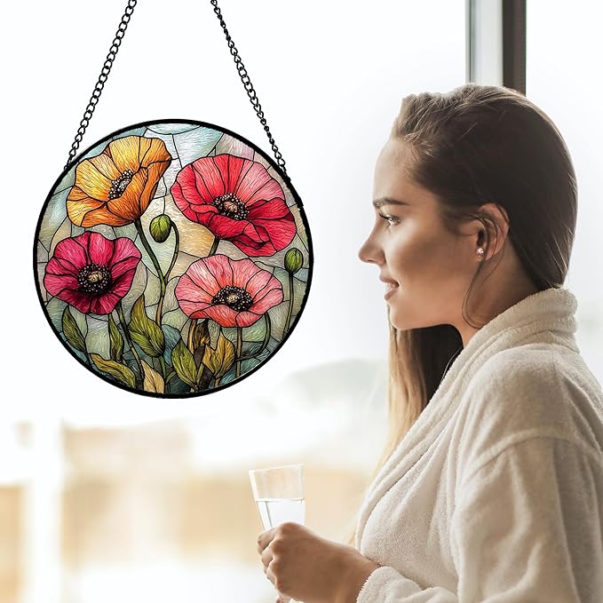 Stained Glass Window Hanging, Red Orange Poppy Birth Flowers Sun Catcher for Door Garden Yard Decor Wildflowers Suncatcher Christmas Mother Birthday Gifts for Women Men Mom Nana 11.8 in