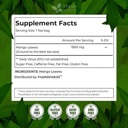 FreshDrinkUS, Premium 100 Mango Leaf Tea Bags, Hojas de Mango secas, 100% Natural & Pure, Loose Leaf Herbal Tea. Non GMO, No Sugar, No Caffeine, No Gluten, Vegan