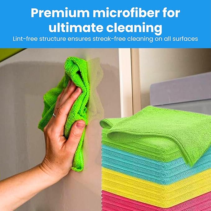 Microfiber Cleaning Cloth 12 Pack - 12 x 12 inches - Rags for Cleaning House Streak-Free Wipes for Screens, Dusting & Appliances - Premium Microfiber Cleaning Cloth