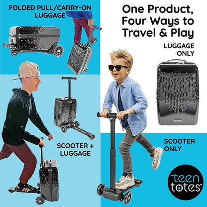 Teen Totes Detachable 4-in-1 Scooter Luggage for Kids – Ride-On Suitcase with Removable Luggage Body, Adjustable Handlebar, Durable Deck & Brake, Carry-On Size – Travel & Play