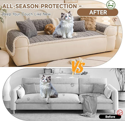 OTOB Pet Couch Covers for 3 Cushion Couch Sofa, Washable & Non Slip Fuzzy Plush Sofa Cushion Covers, All Seasons Geometric Jacquard Modern Soft Dog Bed Mat Slipcovers Protector (Gray, 27.6"x70.9")