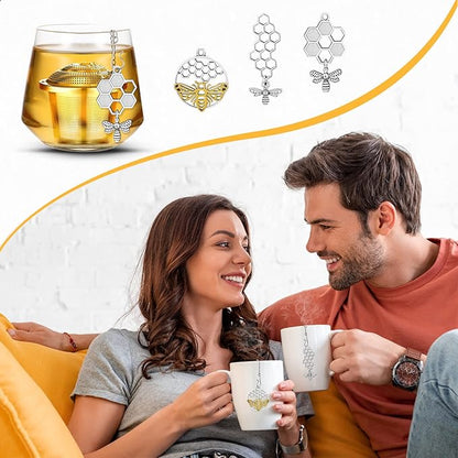 3 Sets Tea Infusers Steeper for Loose Leaf Tea Holder Stainless Steel Tea Ball Mesh Strainer Filters with Drip Trays and Pendant(Bee Style)