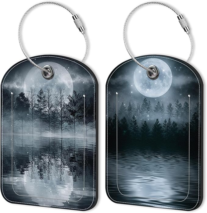 2 PCS Leather Luggage Tag for Suitcase Forest Moonlight Reflection in Water Travel Suitcase Labels with Privacy Name ID Label and Stainless Steel Loop for Adults Teens Travel Bag Labels Set