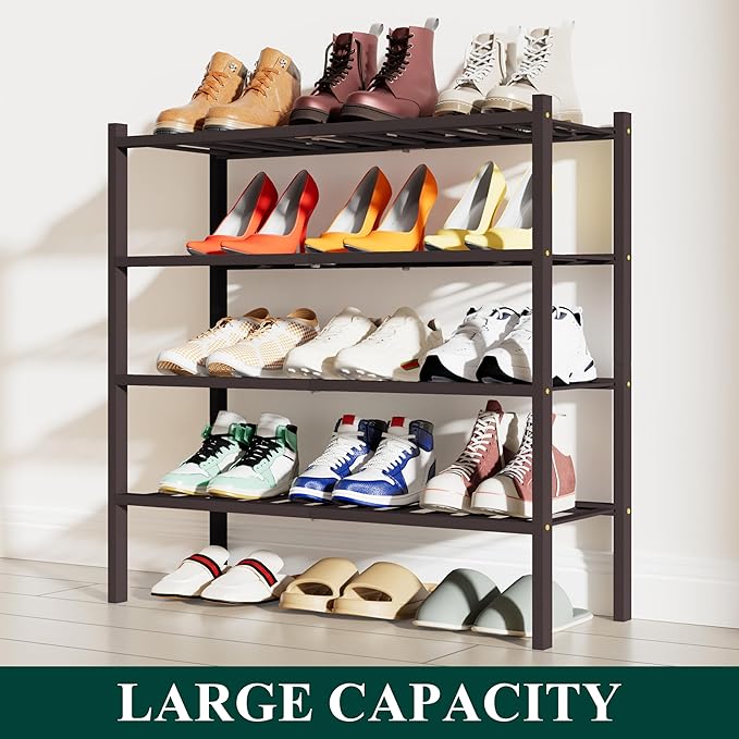 Smiry Shoe Rack, 4 Tier Bamboo Shoe Organizer, Stackable Free Standing Wooden Shoe Storage Shelf for Closet, Entryway, Front Door Entrance, Brown
