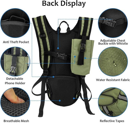 Lightweight Hydration Backpack 2L Water Bladder Pack for Running, Cycling, Hiking – Anti-Theft Water Backpack with Phone Holder, Trekking Pole Holder & Reflective Strips for Men & Women