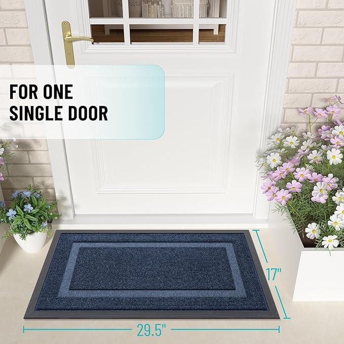 OLANLY Front Door Mat Indoor Outdoor Entrance, Waterproof All-Season, All-Weather Doormat, Sturdy Natural Rubber, Fade Resistant, Low Profile, Easy Clean Patio Porch Entryway Mat, 29.5x17, Blue
