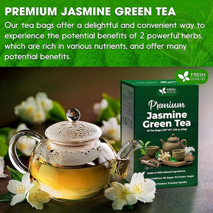 FreshDrinkUS, Premium 20 Tea Bags of Jasmine Green Tea, 100% Natural. Exquisite Flavor, Handpicked Leaves, Perfect for Tea Lovers. No Sugar, No Gluten, Vegan.