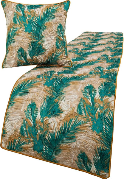 The HomeCentric King/Queen/Twin Green Decorative Twin 53"x18" Bed Runner with 2 Pillow Cover, Plam Leaves & Quilted Bed Scarf on Satin Fabric - Palms