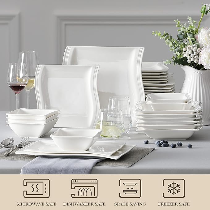 MALACASA Plates and Bowls Sets, 26 Pieces Ivory White Porcelain Dinnerware Sets