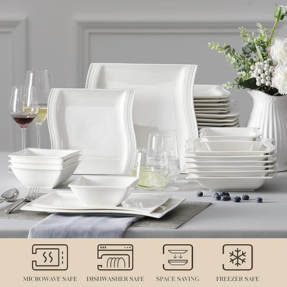 MALACASA Plates and Bowls Sets, 26 Pieces Ivory White Porcelain Dinnerware Sets