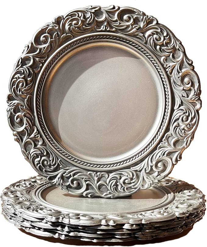 Antique Silver Charger Plates Embossed Rim, 13 Inch Dinner Plate Chargers Round