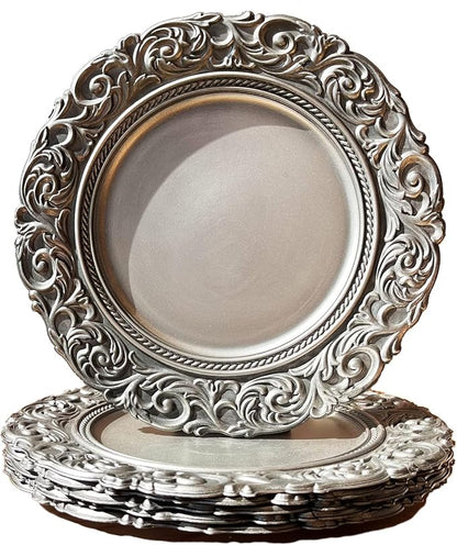 Antique Silver Charger Plates Embossed Rim, 13 Inch Dinner Plate Chargers Round