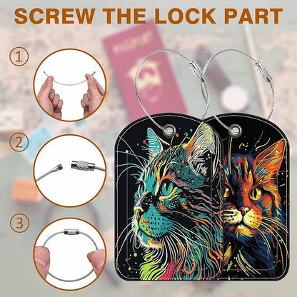 2 Pack Luggage Tag for Suitcase Colorful Cat Leather Suitcase Tags with Privacy Name ID Label and Stainless Steel Loop for Travel Bag