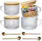 4pcs Vintage Glass Coffee Mugs Cups, Overnight Oats Containers Glass Cups Mugs with Bamboo Lids and Spoons - 14oz Clear Embossed Glass Cups, Cute Iced Coffee Glasses Gifts for women.