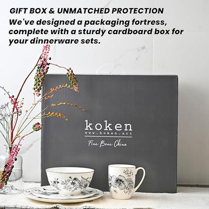 Botanic Plates and Bowls Sets Dishes Set for 4, Ceramic Plates and Bowls Set, Service for 4, Bone China Dinnerware Set Salad Dessert Plates, and Cereal Bowls Set, Microwave safe by KOKEN