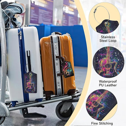 3 Pack Music Luggage Tags for Suitcases, Note Headphones Guitar Cute Leather Name Tag with Privacy Cover with Stainless Steel Loops, Travel ID Bag Tags for Women Men