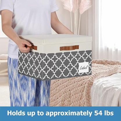GhvyenntteS Extra Large Storage Bins with Lids, Foldable Fabric Storage Boxes with Lids and 3 Leather Handles, Storage Baskets with Label Window (6 Pack, Grey&Black, 15.75x11.8x10.2)