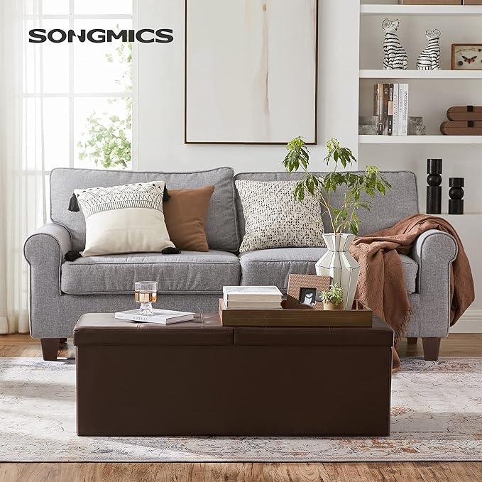 SONGMICS MAZIE Collection - 43 Inches Storage Ottoman Bench with Flipping Lid, Storage Chest with Iron Frame Support, Load 660 lb, for Living Room, Bedroom, Synthetic Leather, Brown ULSF75BR