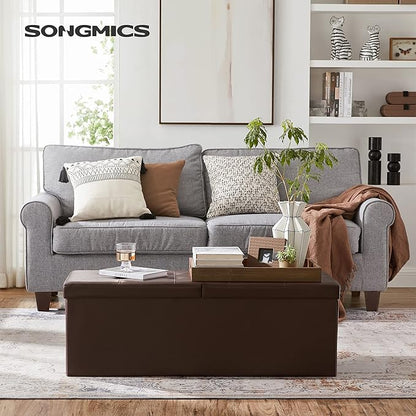 SONGMICS MAZIE Collection - 43 Inches Storage Ottoman Bench with Flipping Lid, Storage Chest with Iron Frame Support, Load 660 lb, for Living Room, Bedroom, Synthetic Leather, Brown ULSF75BR