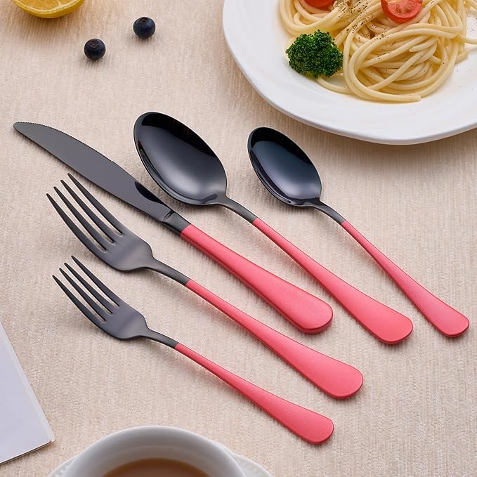 20-Piece Black Silverware Set 18/0 Stainless Steel Silverware Set Pink Handle Cutlery Set Service for 4 Dinner Knives Forks Spoons Set Flatware Set Finish Dishwasher Safe（Black and Pink）